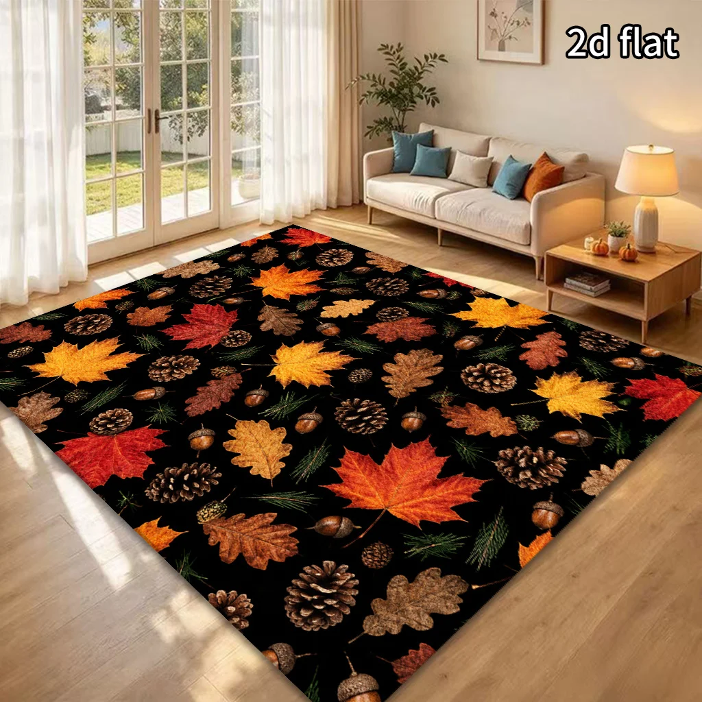 2D Flat Autumn Maple Leaf Area Rug, Black Background Pinecone Acorn Fall Foliage Print, Floor Decor for Living Room Bedroom