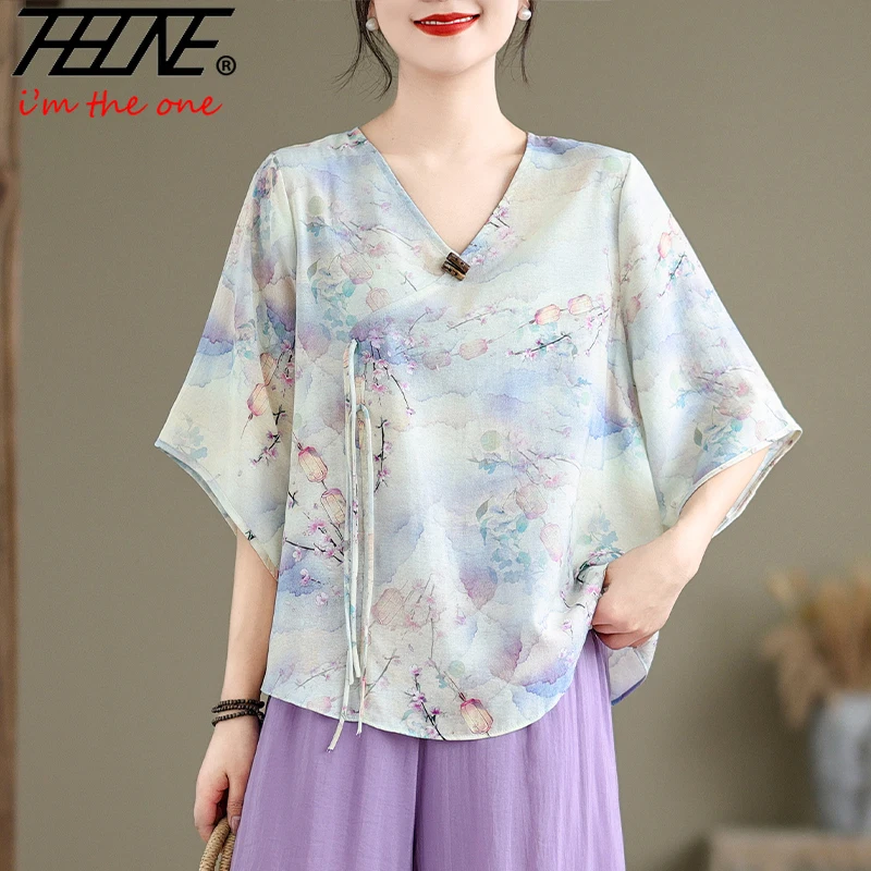 

THHONE Summer Blouse Women Shirts Vintage Chinese Style Blusa Mujer Korean Print Camisas Casual Loose Blouses Women's Clothing