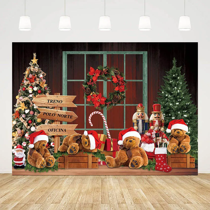 

Mehofond Christmas Backdrop Toys Bear Xmas Tree Gift Soldier Doll Wood Floor Photography Backgrounds Child Portrait Photobooth