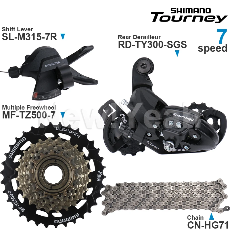 Zestaw SHIMANO Tourney 7-rzędowy, zawiera: SL-M315, przerzutka tylna RD-TY300, CS-HG200, MF-TZ500, 28T, 34T, łańcuch CN-HG71, oryginalny.