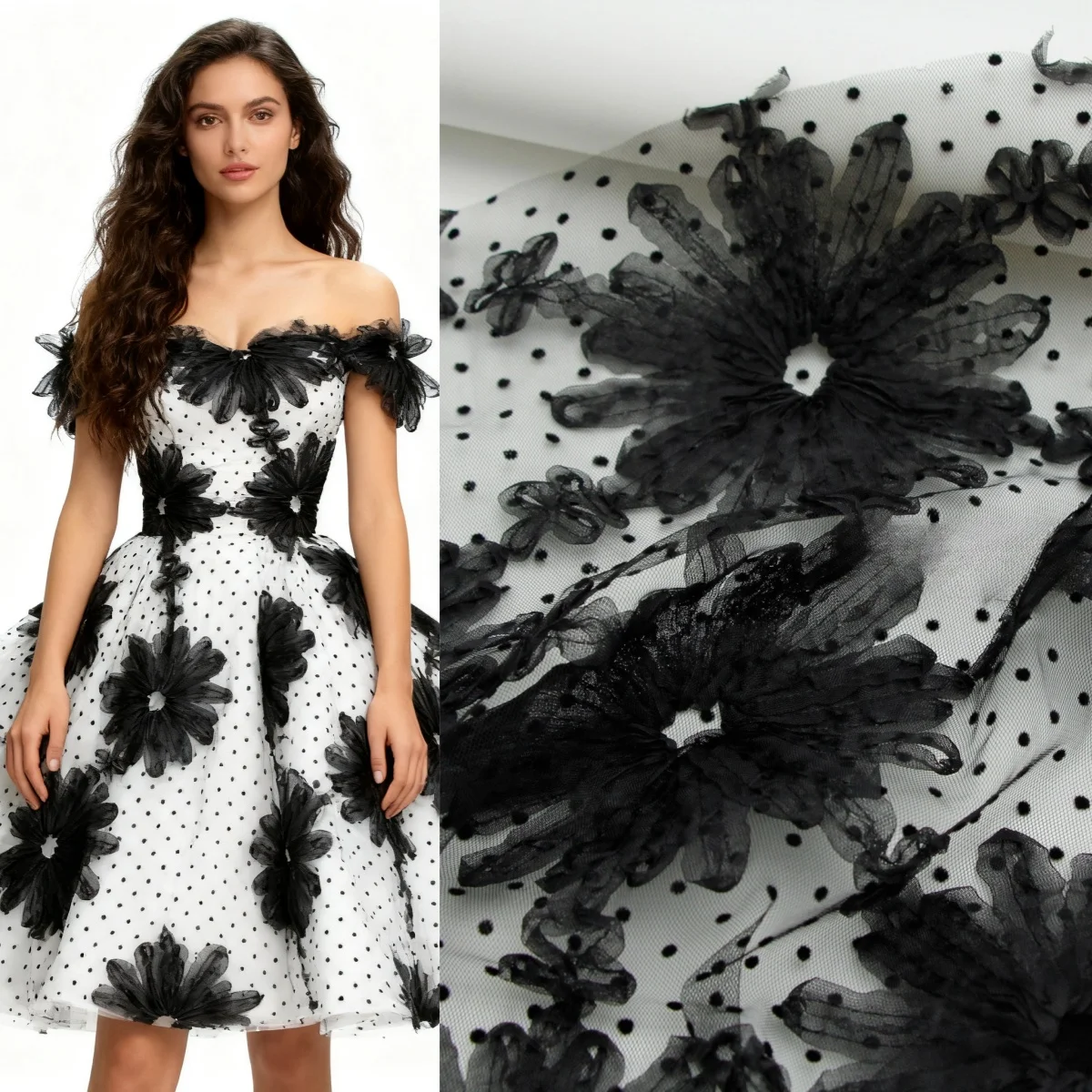 

Изысканная черная 3D трехмерная ромашка кружево в горошек флокированная сетчатая ткань пышная юбка платье ткань «сделай сам»