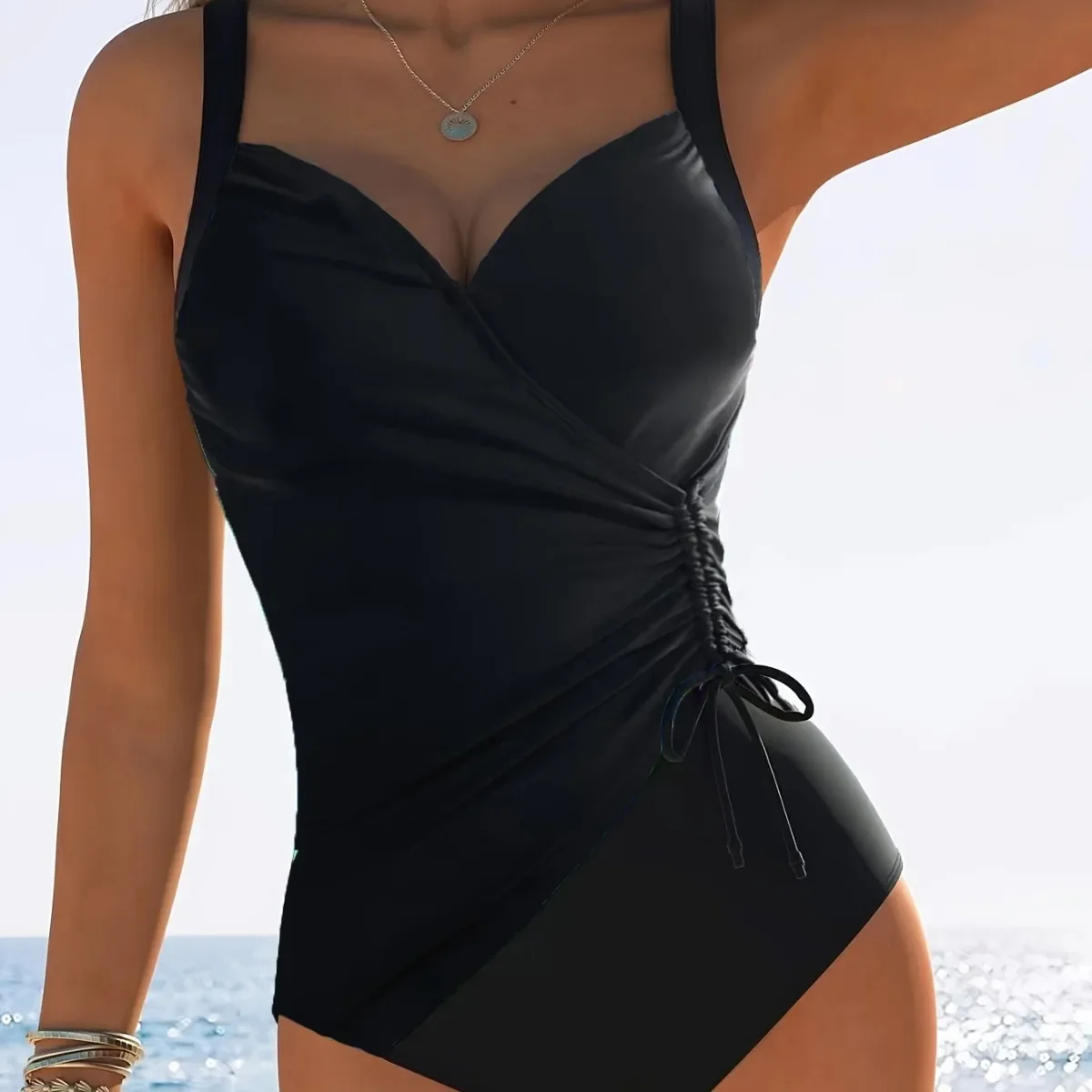 Nueva camisola ceñida con cuello en V y cordón para traje de baño de una pieza ajustado para mujer