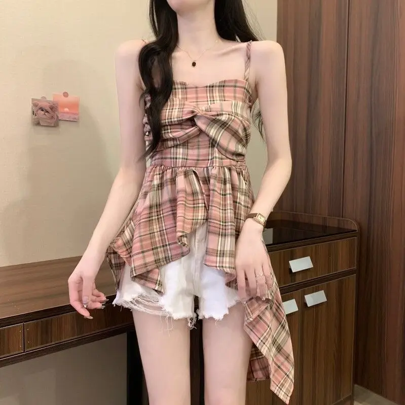 Plaid Shirts and Blouses Korea Irregular Fashion Woman Blouse 2024 Sleeveless Ladies Top Female V-neck Spaghetti Strap Clothes