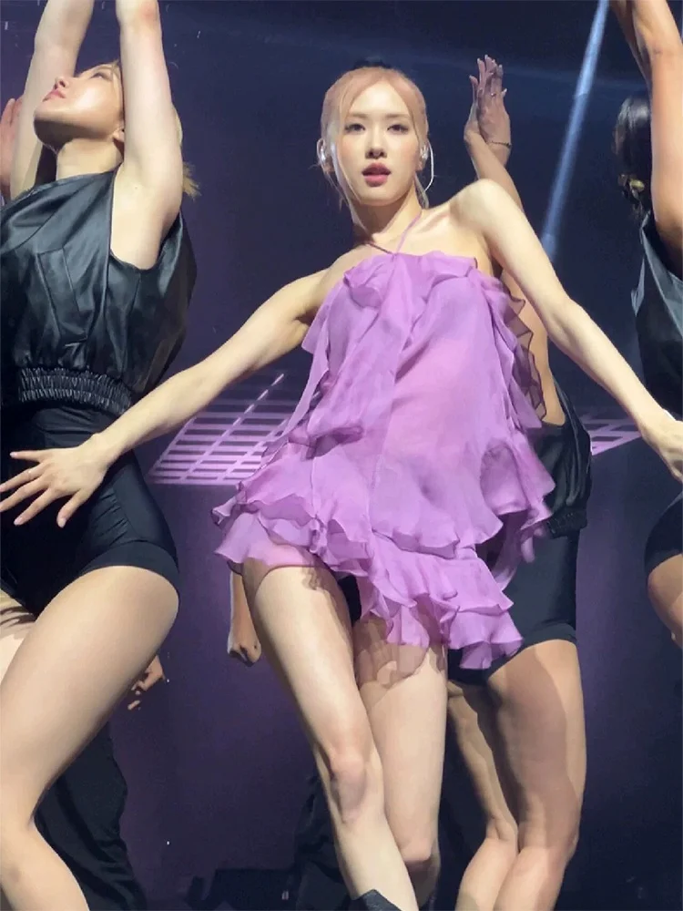  Rose Female Group Performance Outfit Kpop Jazz Stage Costume Hanging Neck Singing Clothes Summer 2024 Chiffon