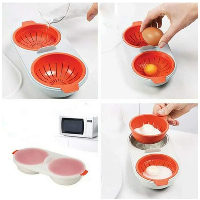 Microwave Egg Poacher Food Grade Cookware Double Cup Egg Boiler Kitchen Steamed Egg Set Microwave Ovens Cooking Tools