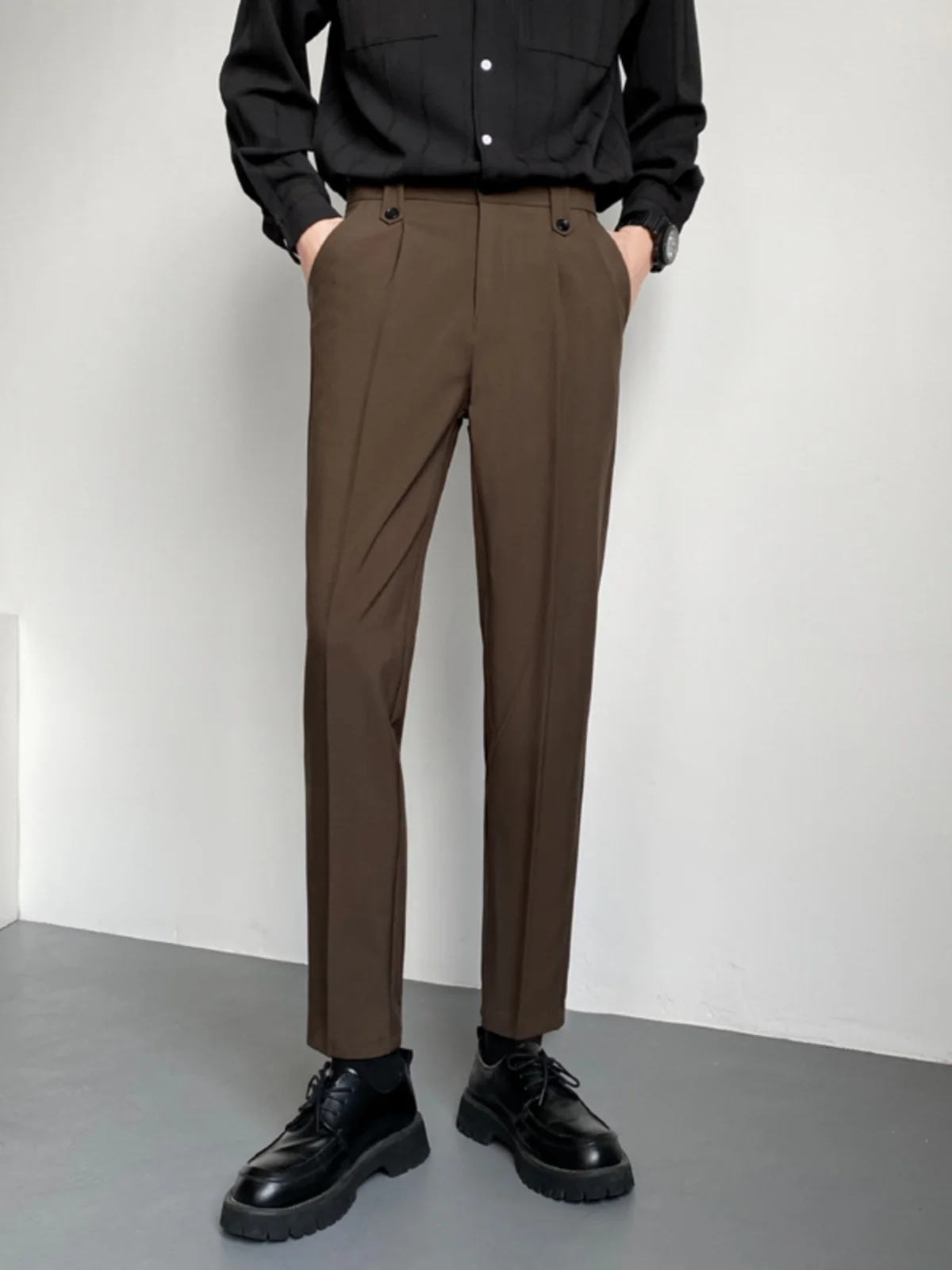 Men Pants Ice Silk Casual Long Pants Elastic Waist Buttons Fly Long Trousers Straight Wide Leg Draped Business Pants A278