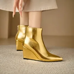 Patent Leather Shiny Gold Silver Wedges High Heels Woman Shoes Zip Back Pointed Toe Ankle Botas Big Size 45 46 Chelsea Boots