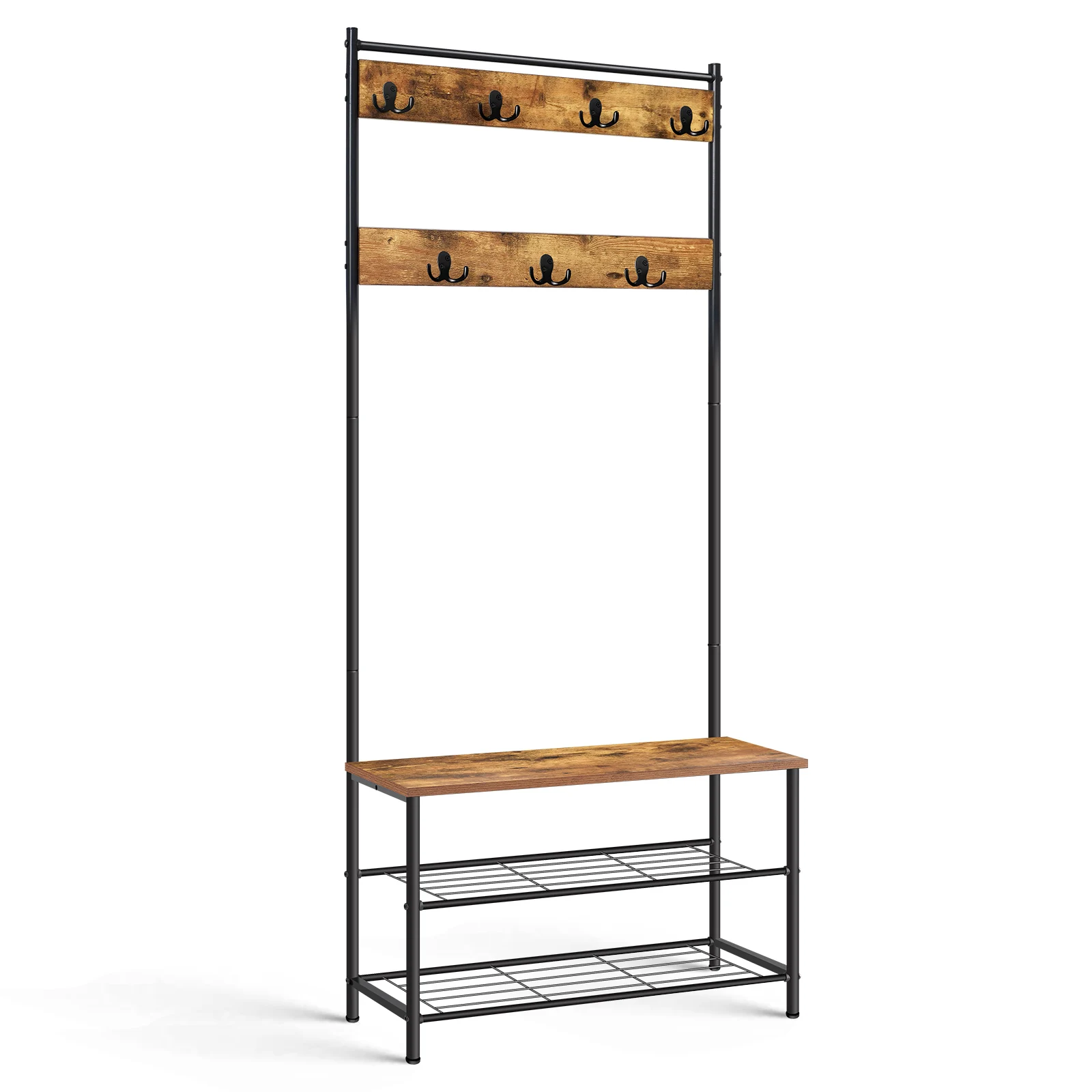 Coat Rack Stand, Shoe and Coat Rack, Free Standing Coat Rack, 7-Hook Coat Rack with Shoe Bench and 3-Tier Storage, 70x30x181cm