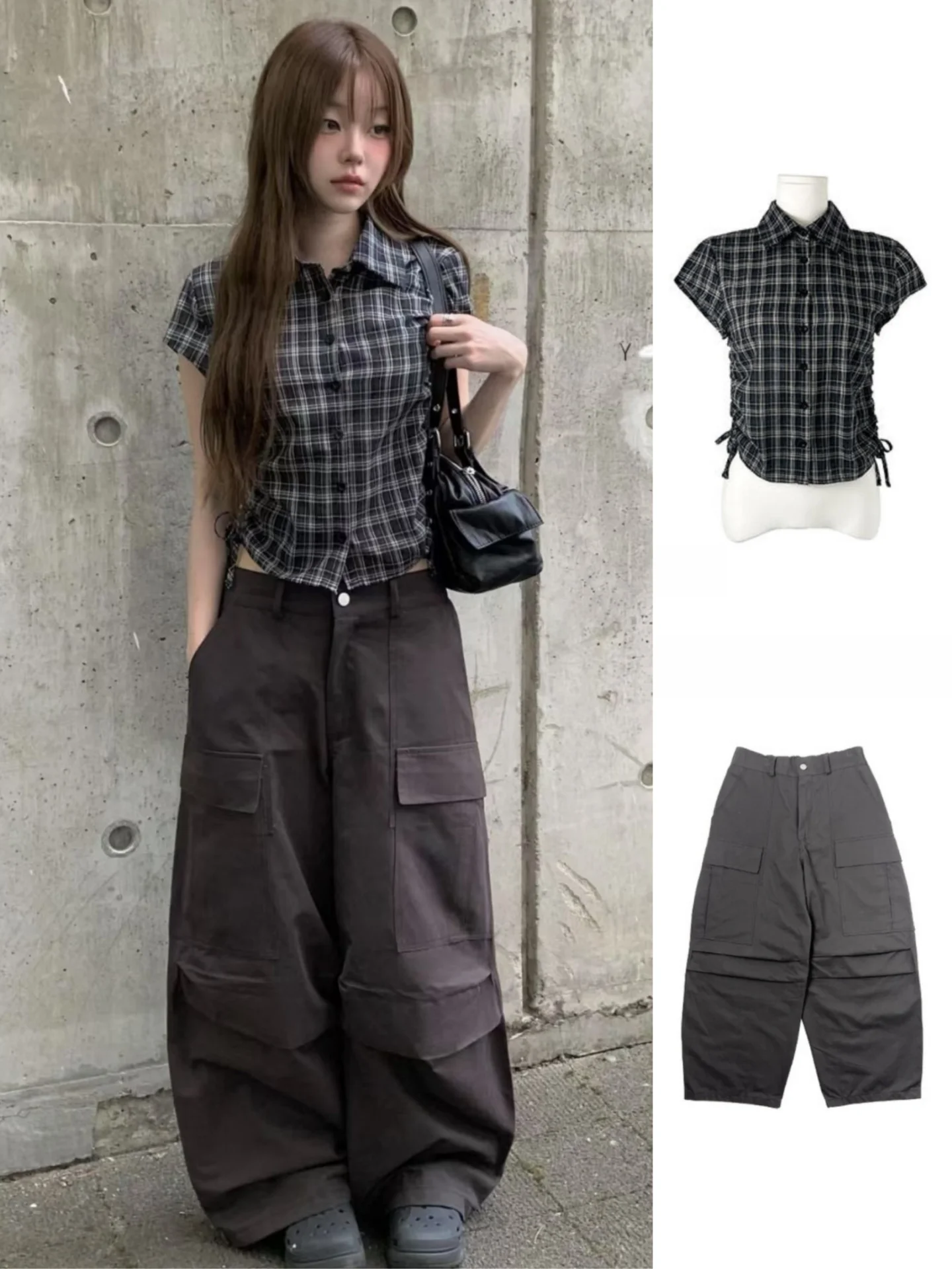 

Street Sle Korean Loose Casual Plaid ort Sve irt Women's Commute Wind Dstring Upper Body Clothing Summer Wear