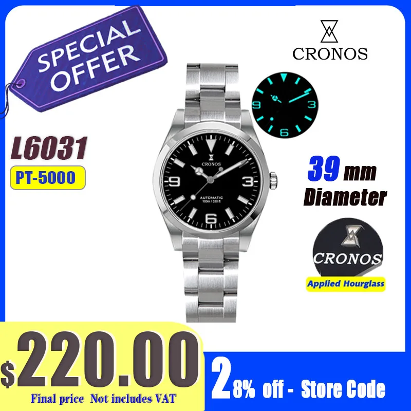 Cronos EX Diver reloj mecánico para hombre 39mm automático PT5000/Miyota 90S5 pulsera con casquillo de cristal de zafiro cierre deslizante 10ATM L6031
