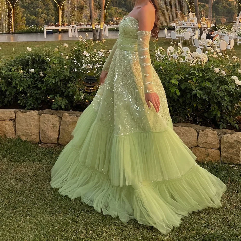 Customized Temperament Organza A-Line Detachable Sleeve Sequined Tiered Evening Dress High Quality Strapless vestidos de fiesta