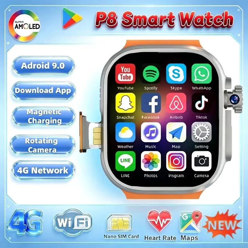 5G P8 Android Smart Watch  180° Rotary Camera  Nano SIM Slot GPS WiFi Compass  Play Store  1‑3 Extra Watch Bands