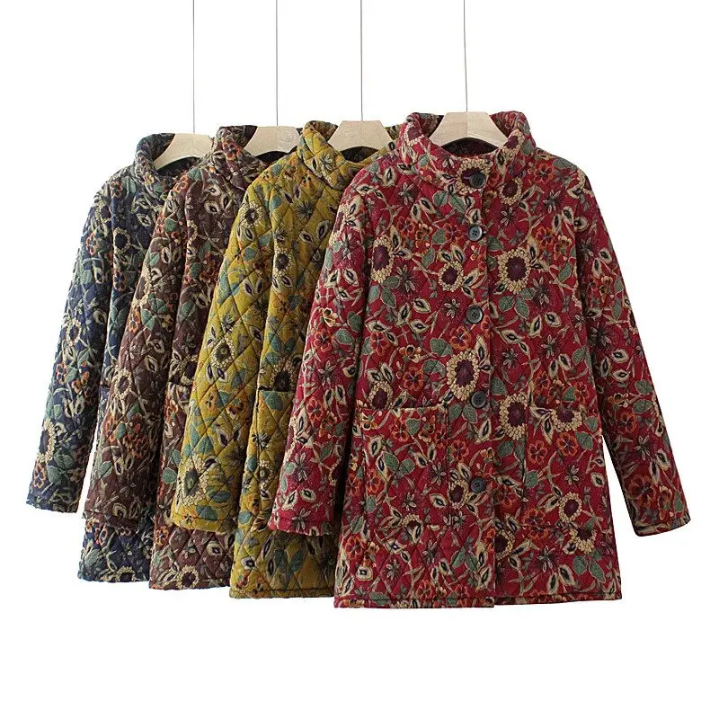 

Plush Thickened Cotton Coat Middle-Aged And Elderly Mothers Winter Medium Length Sunflower Printed Oversized Warm Jacket Z3924