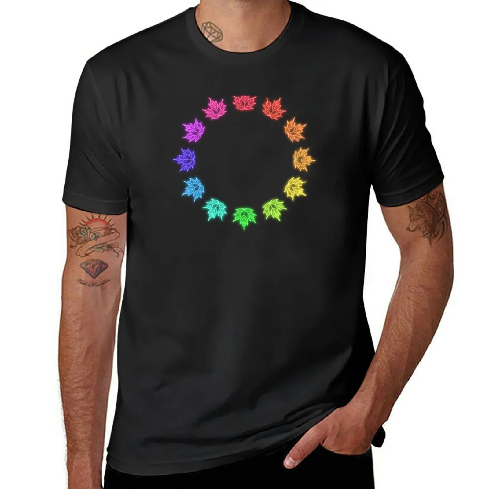 

New Rainbow Neon Light Maple Leaf Ring T-Shirt plus size t shirts graphics t shirt custom t shirts Men's clothing