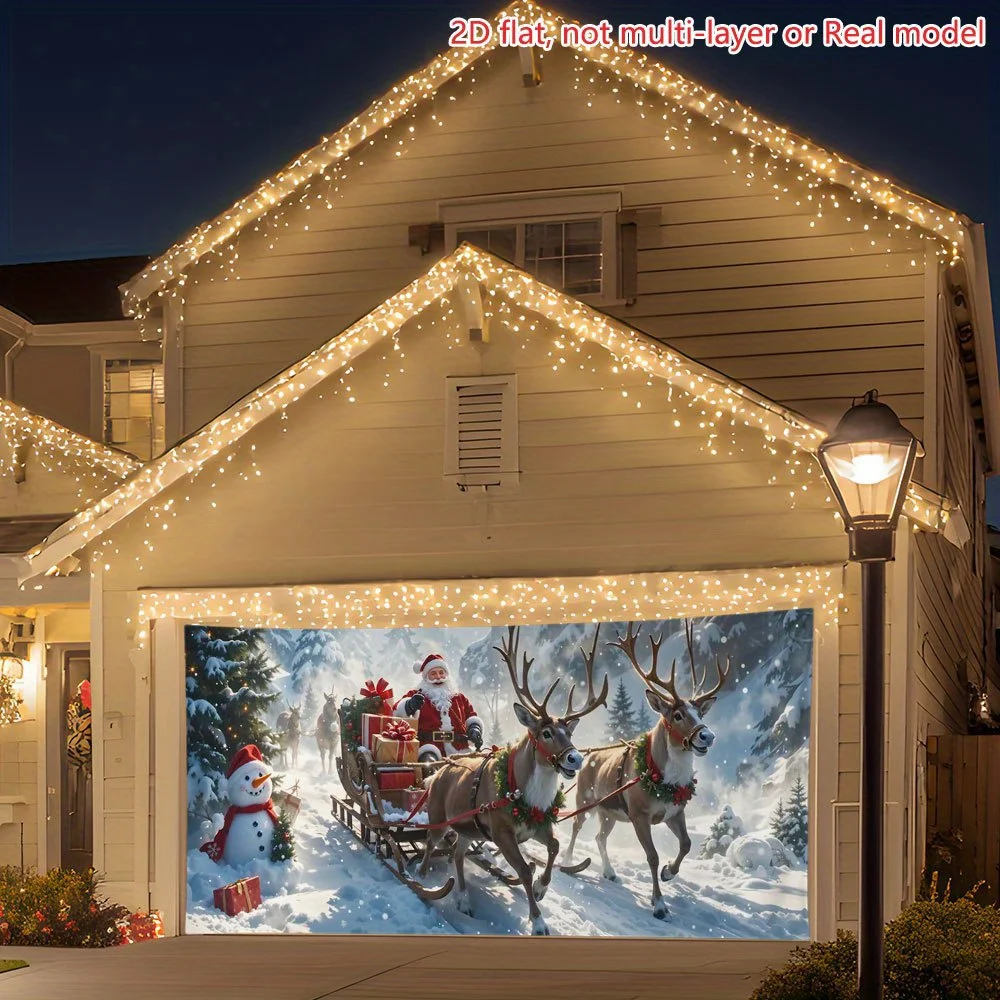 1 Santa Claus reindeer sleigh snowman view 2D flat-print party banner, extra-large sizezyc