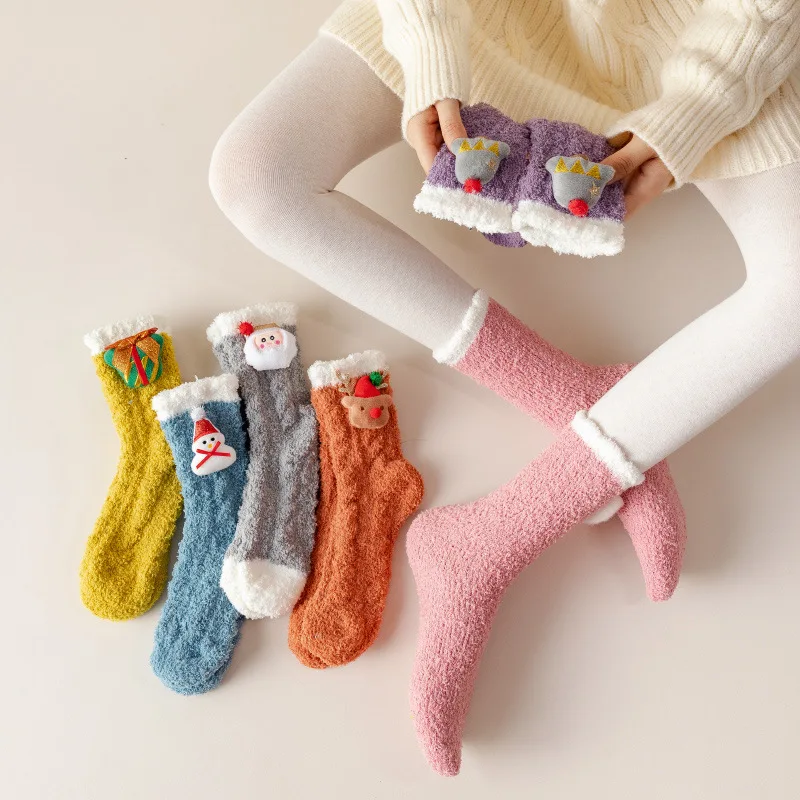 

Coral Fleece Women's Mid-length Socks - Cute Cartoon Style Winter and Autumn Socks, Thick and Warm, Christmas Gift Socks