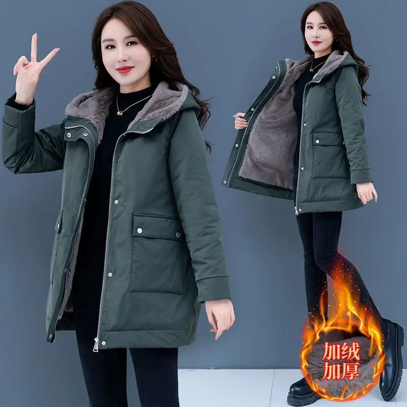 2024 Autumn Winter New Velvet Thick Warm Jacket Women\'s Korean Loose Cotton Hooded Coat Solid color Casual Female Parkas Outwear