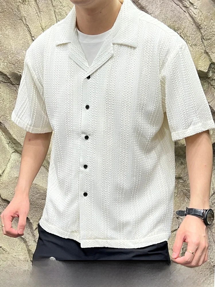 

Cuban Collar Short Sleeve Ice Silk Knitted Texture Men's Shirt Breathable Lightweight Summer Fashion Standard Fit