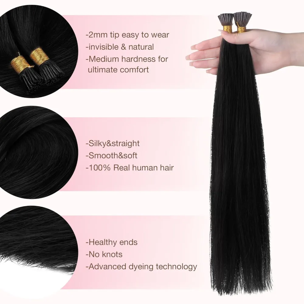 Straight I Tip Human Hair Extension Brazlian Remy Real Hair Extensions 26 Inches Capsules Keratin 50 Strands Natural Black Color