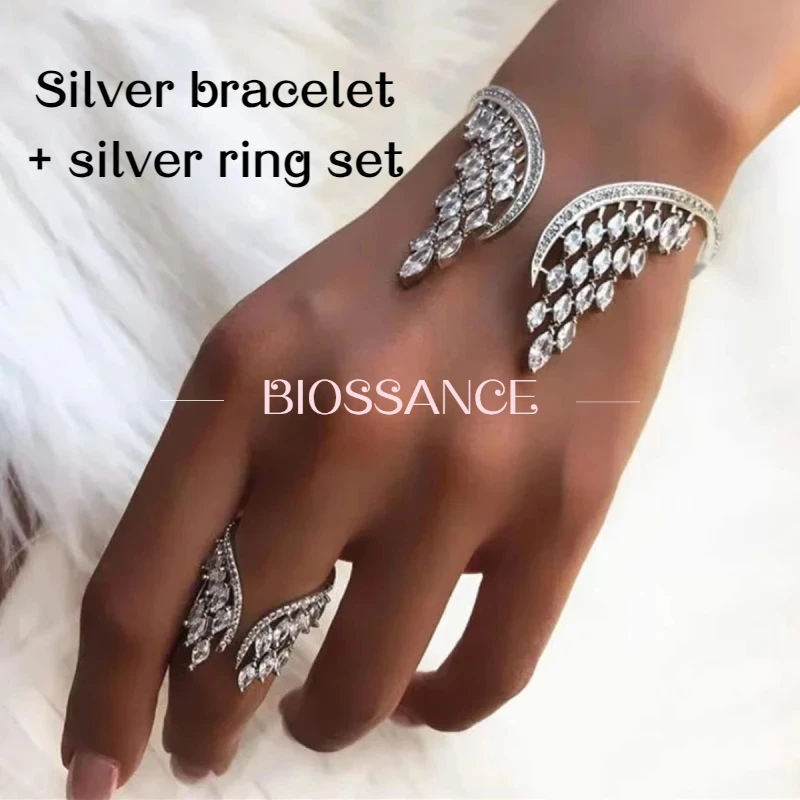 Biowoven New exquisite fashion wing cuff inlaid zircon bracelet ring set women's bridal fashion party wedding jewelry wholesale