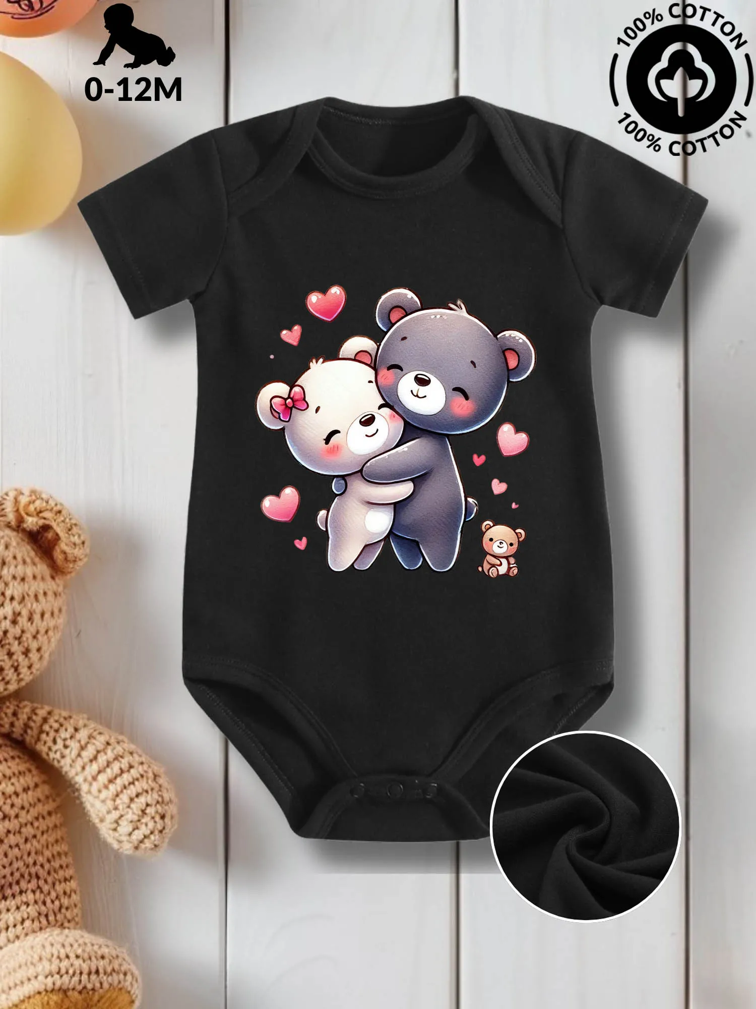

Детский костюм для ползания Bear Love Valentine унисекс, комбинезон из чистого хлопка для ухода за кожей, всесезонная одежда, черное боди 190GSM