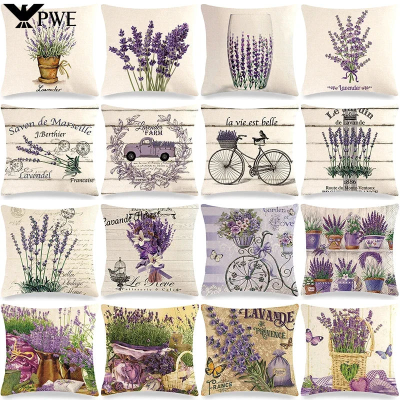 Retro Poster Lavendel Kissen bezug 45x45 lila Blumen Brief Kissen bezug Bauernhaus Home Sofa Auto dekorative Wurf kissen bezug