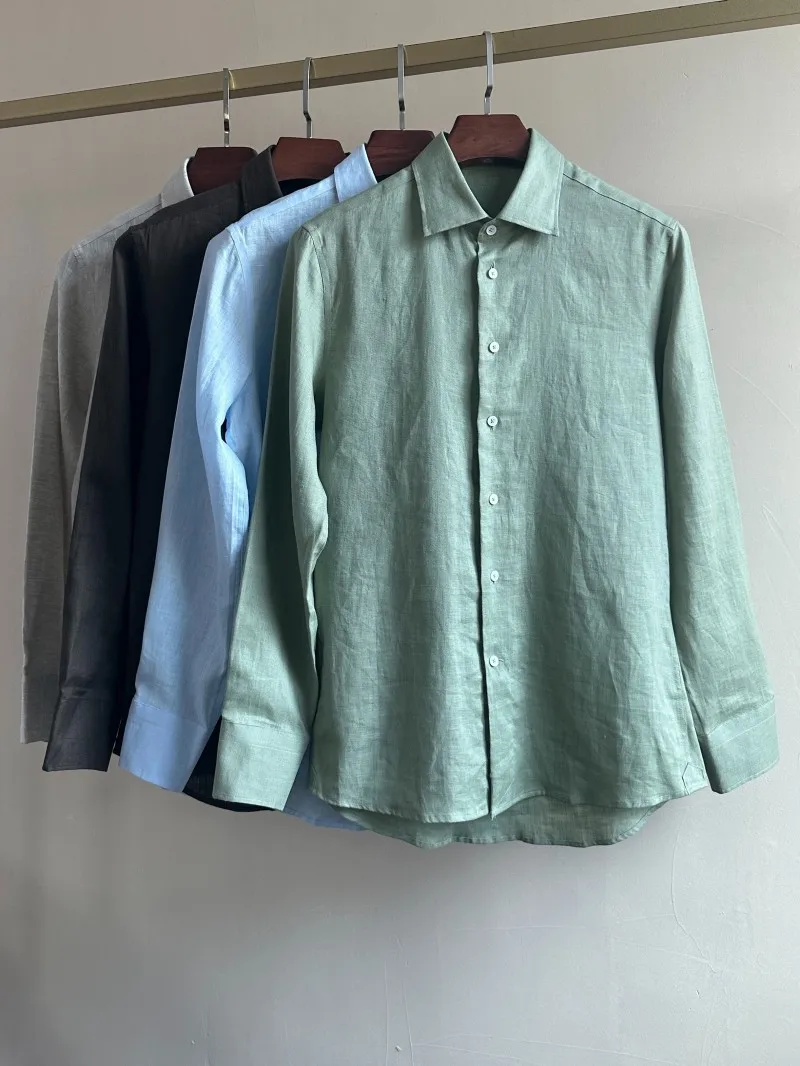 New 2025 Neapolitan Queen 100% Linen Summer Long Sleeve Shirt Men Slim Fit Old Money Style High Definition Button up Shirt