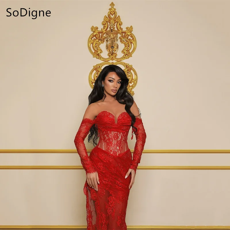 SoDigne Elegant Red Mermaid Evening Gowns Handmade Lace Sweet Heart Long Sleeves Prom Dresses Side Slit Party Dress Customized