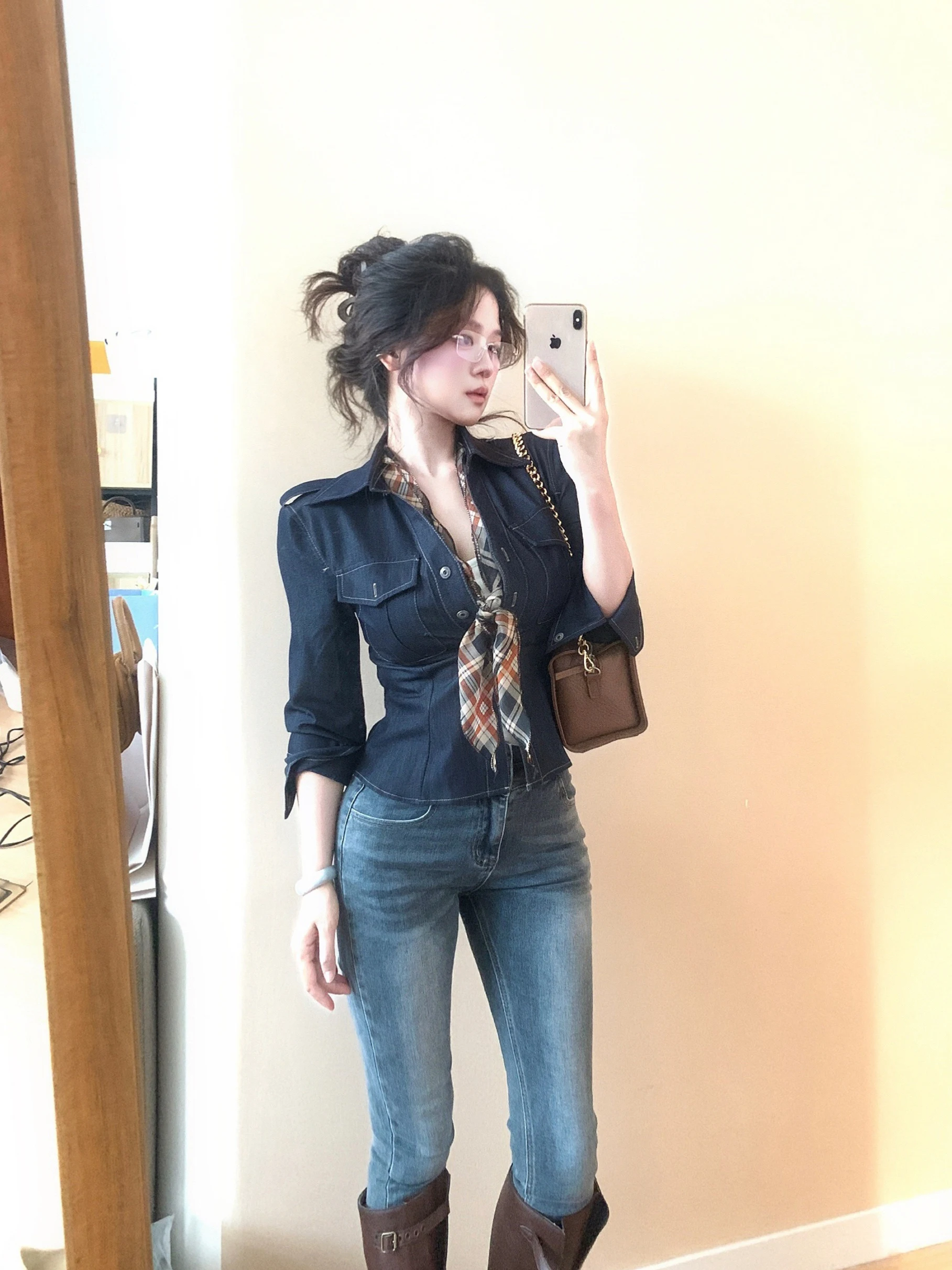 

WananLili Good Night Early Autumn New Retro Slim Fit Sexy Denim irt Korean Sle Women's Collar Long Sve Cotton Pol...