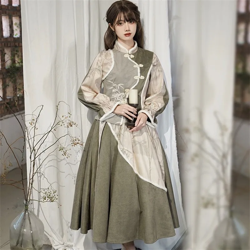 Chinese Style Woman Lolita Skirt Set Retro Bamboo Leaf Dress Suit Girl Improved Han Elements Plate Buckle Top Half Skirt Set