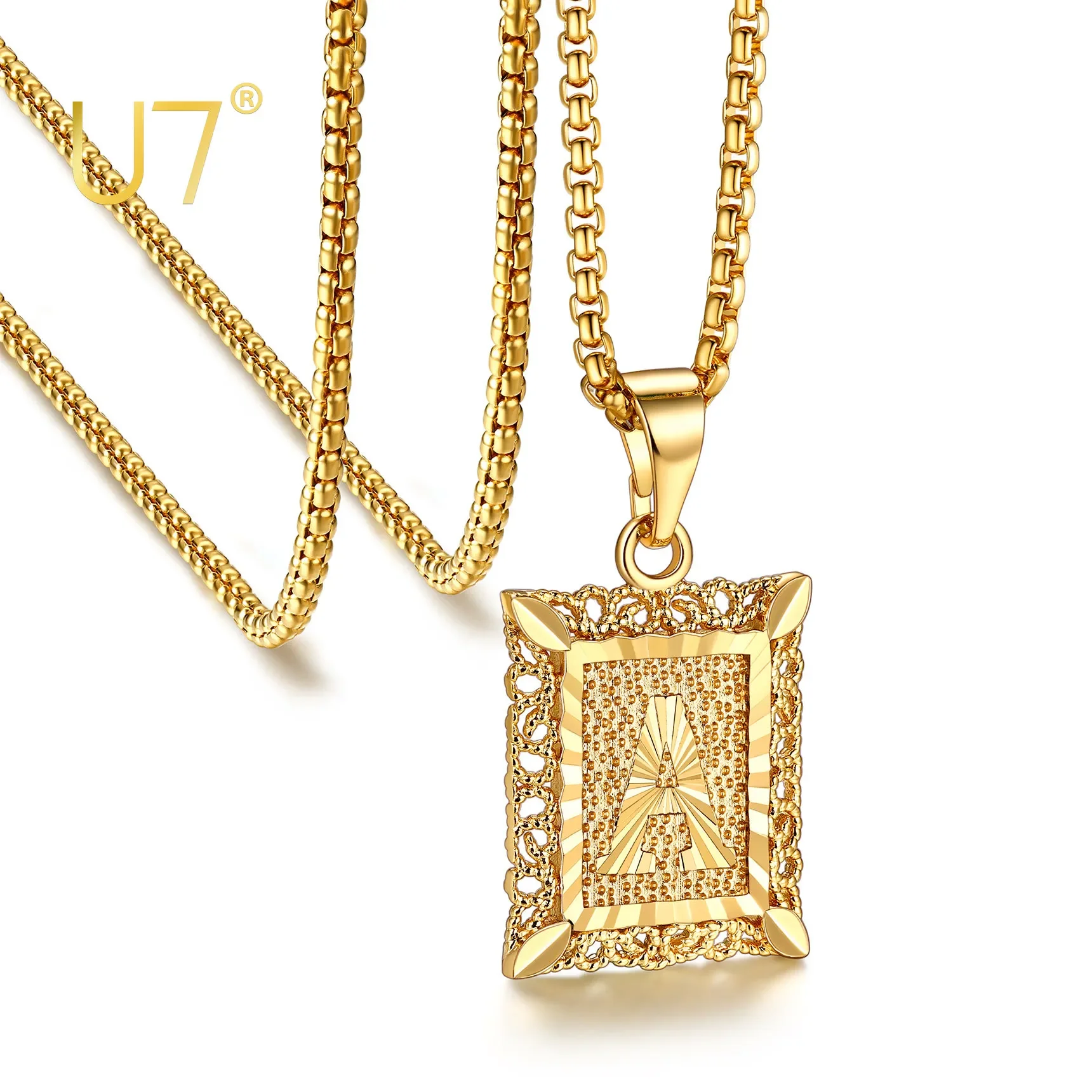 U7 Initial Necklace for Women Men Vintage Filigree Square Monogram Pendant Alphabets 26 A-Z Letter Name Jewelry 22\