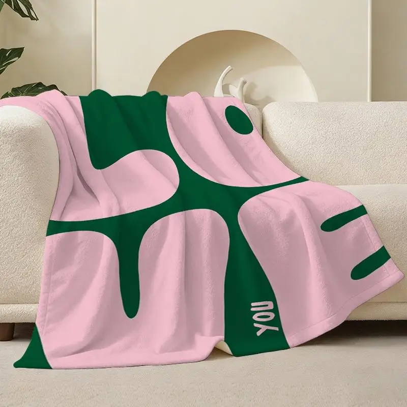 Pink Green Abstract Shape Flannel Throw Blanket, Modern Minimalist Curve Graphic Print Soft Blanket for Kids Bedroom Sofa Cozy