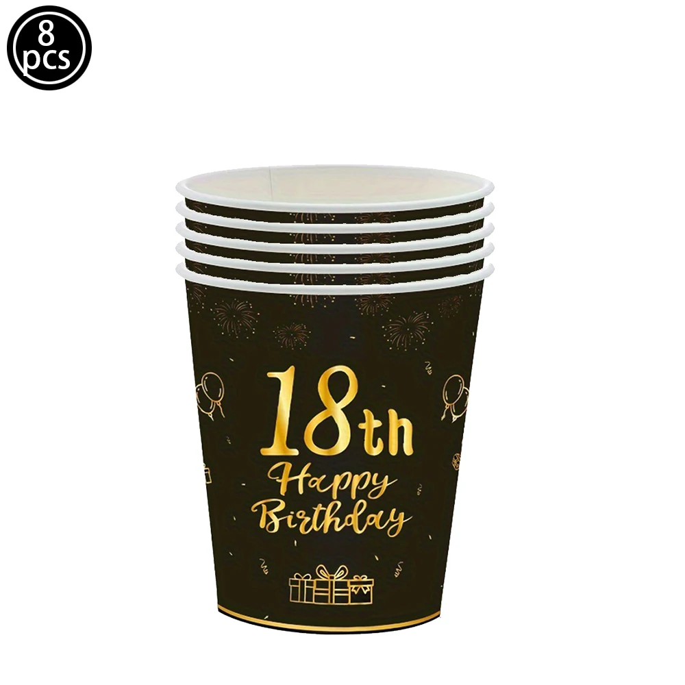 Schwarz Gold Party Einweggeschirr Pappteller Serviett Tasse Ballon Jungen Mädchen Alles Gute zum 18. Geburtstag Partydekorationen Zubehör – Detail 6