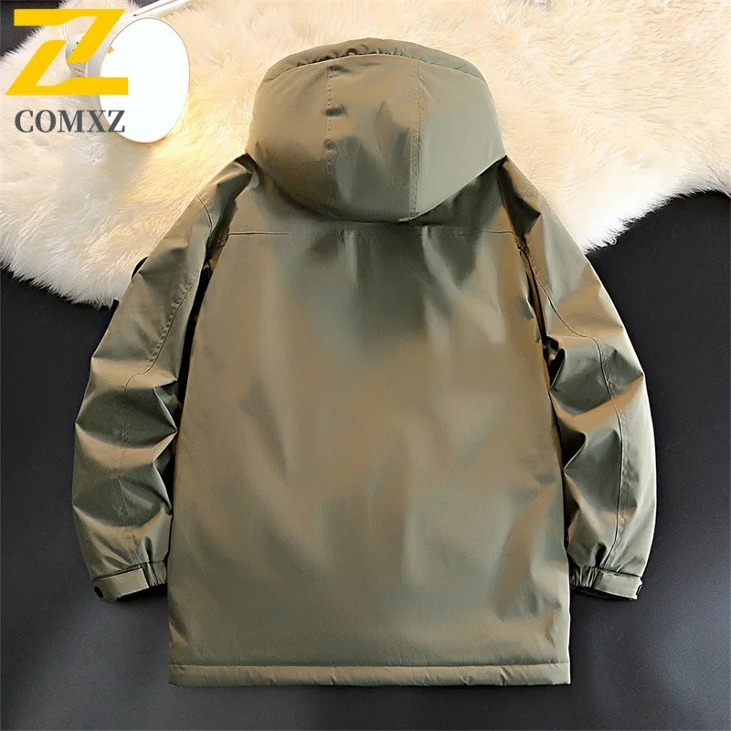 COMXZ Hochwertige Herren-Daunenjacke, Premium-Kapuze, Outdoor-Reiten, winddicht, Puffer-Coa, trendige Streetwear, warmer Komfort-Wintermantel