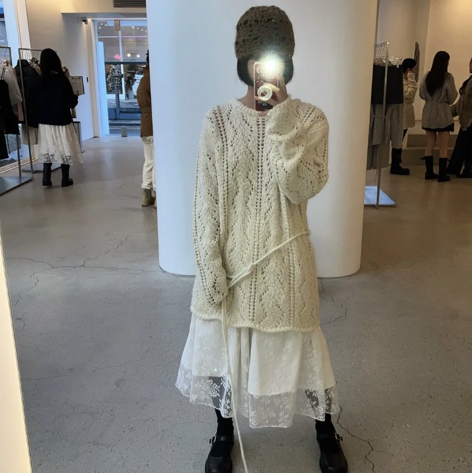 甘い透かし編みのロングニットセーター、ベルト付き、ゆったりとした通勤スタイル、女性用ラウンドネック、ロング丈、カラーニットトップス