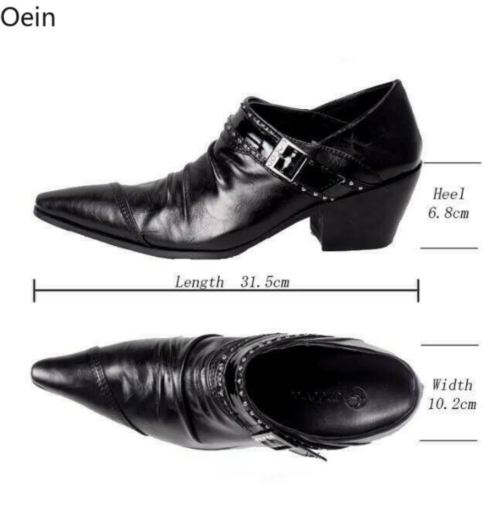 Mens Real Leather Pointed Toe Med Cuban Heels Rivets Formal Buckle Club Shoes Wingtip Dress Business Black White Wedding New