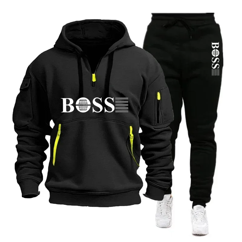 Conjunto de 2 Piezas de Sudadera con Capucha y Pantalones para Hombre, Otoño e Invierno, Ropa Deportiva para Hombre, Cierre de Cremallera, Resistente al Viento, para Correr al Aire Libre