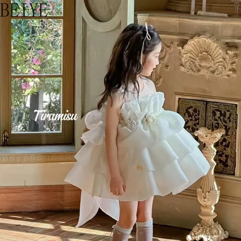 Kids Sleeveless White Bubble Princess Dress Flowers Layer Ruffle Puffy Dress Back Bow Flower Girl Wedding Birthday Party Gown