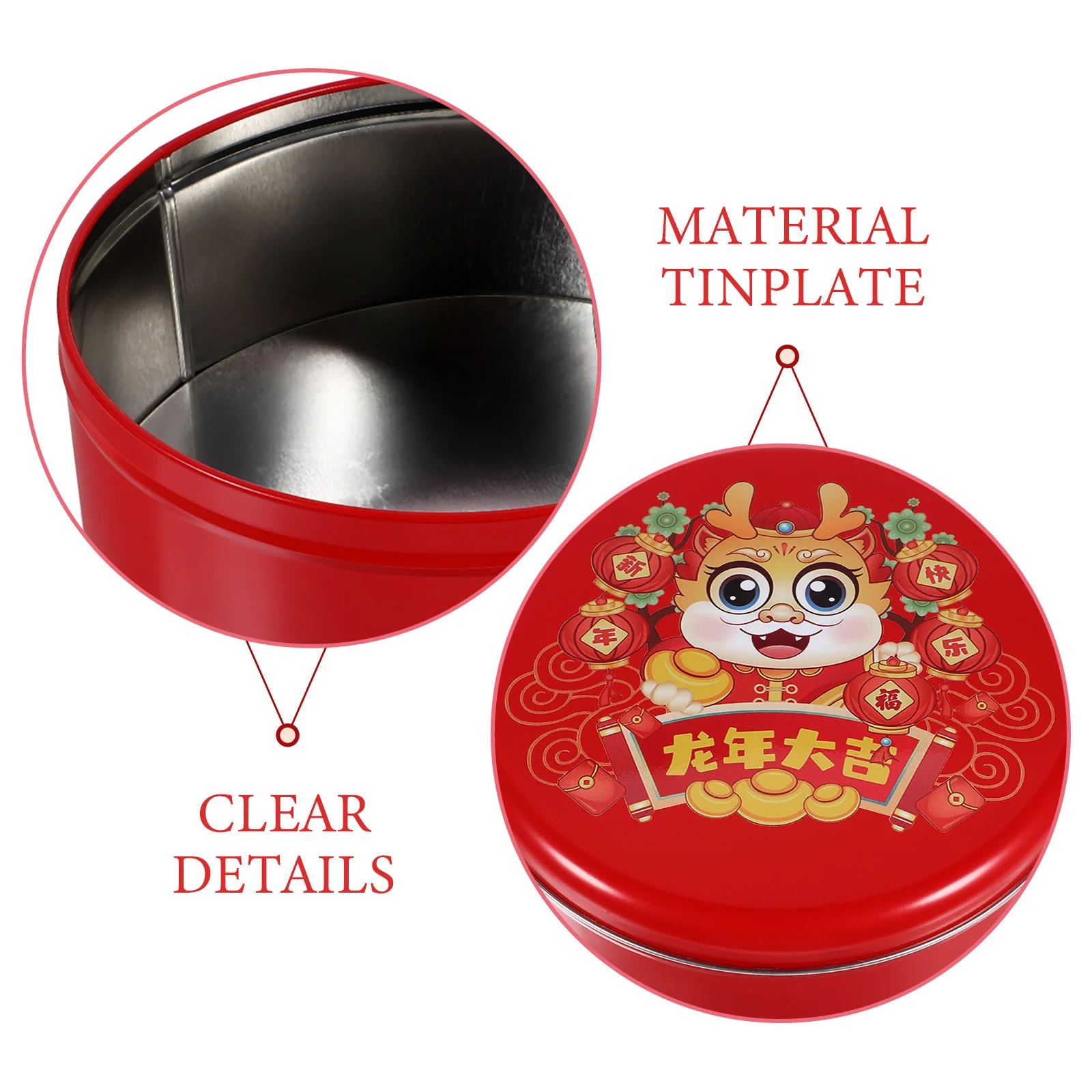 

Dragon Year Cookie Tin with Lid New Year Party Favor Festive Patterns Multi Use Storage Box Cookie Tin with Lid