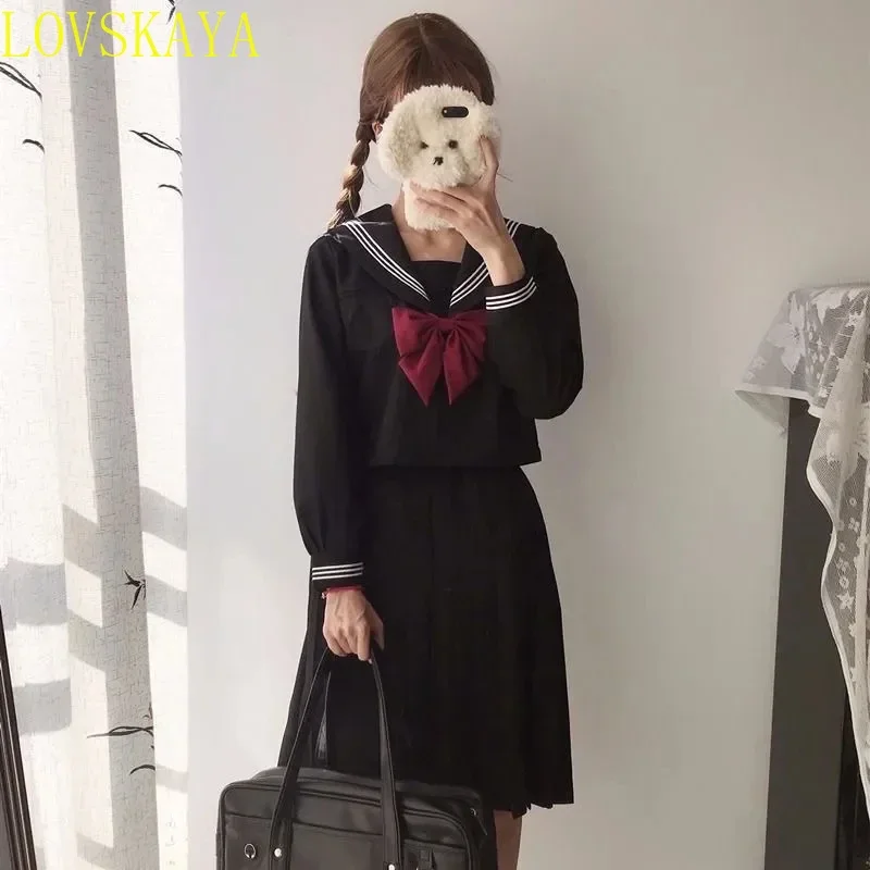 Japanese school uniform set Sailor JK basic cartoon girl navy sailor uniform black set navy clothing women's girl clothing