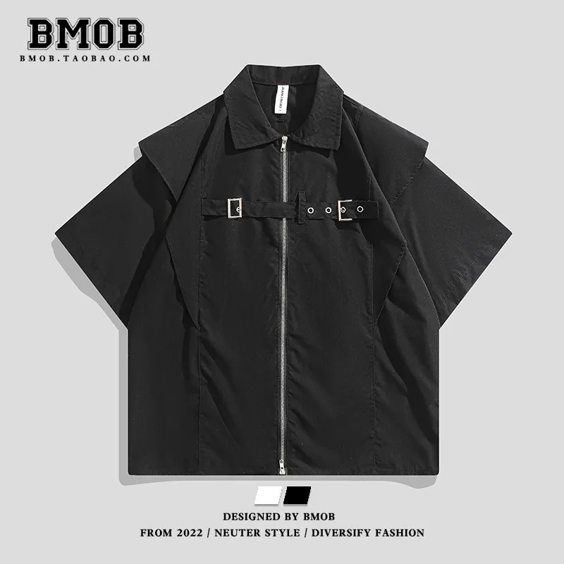 2026 Summer Trendy Men High Street Shirt Fake Two piece Structure Zipper Detail Short Sleeve Blouse Niche Advanced Texture Loose