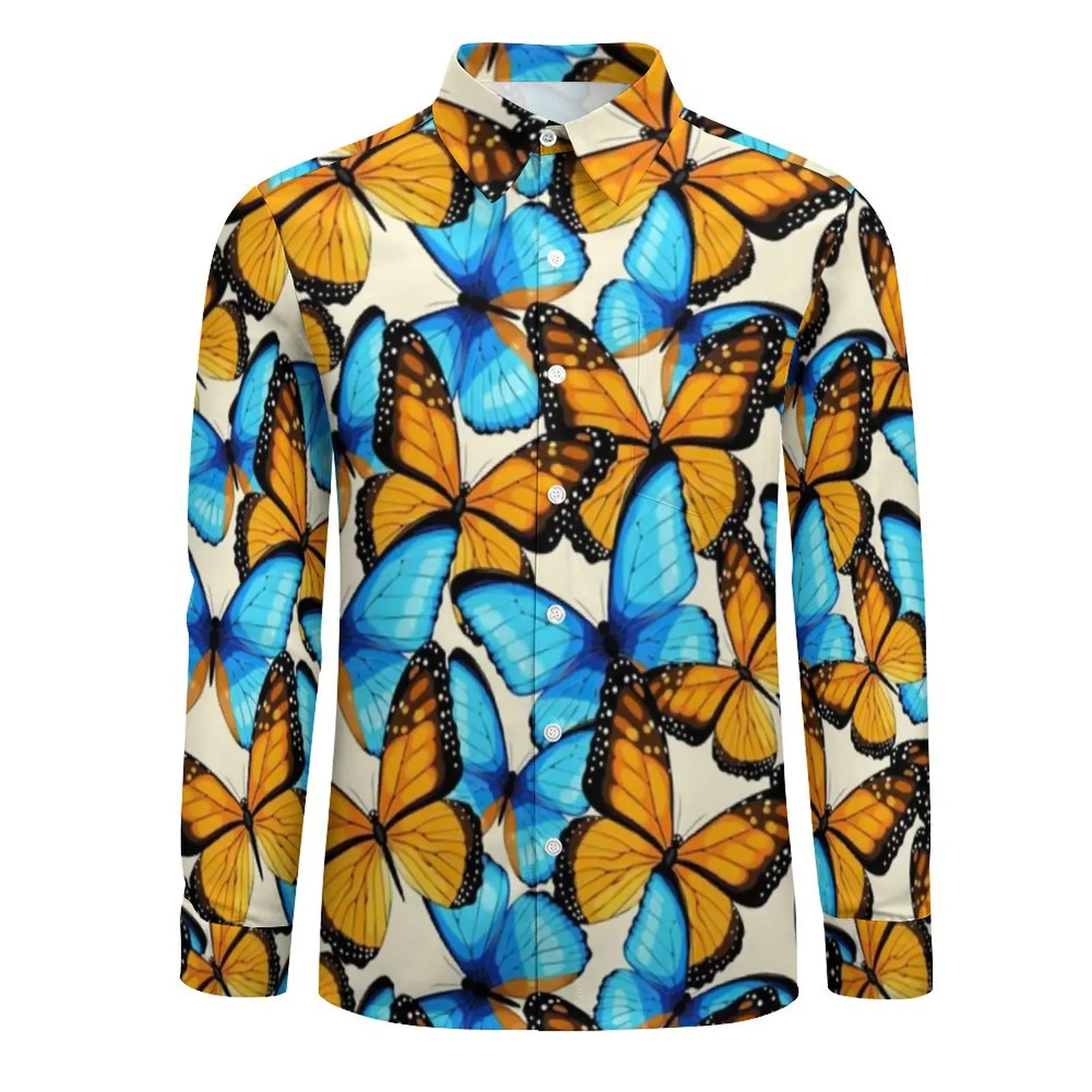 Blue And Yellow Monarch Butterfly Casual Shirts Animal Trendy Shirt Autumn Oversized Blouses Male Long Sleeve Clothes Gift Idea