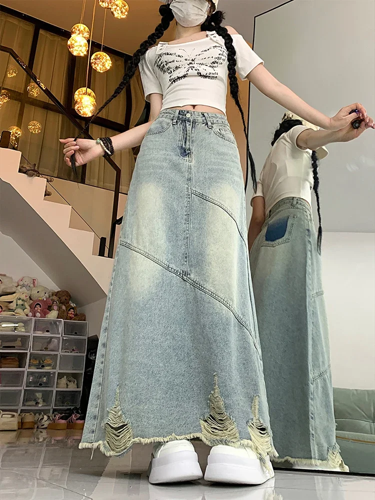 

2025 New Vintage Loose Tassel Long Women Denim Skirts Summer High Waist Pocket Female Back Slit Jean Skirt