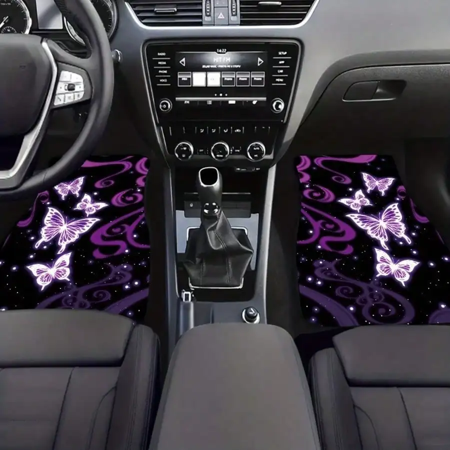 

2pcs purple white butterfly print front and rear seat car floor mats, all-weather, car interior