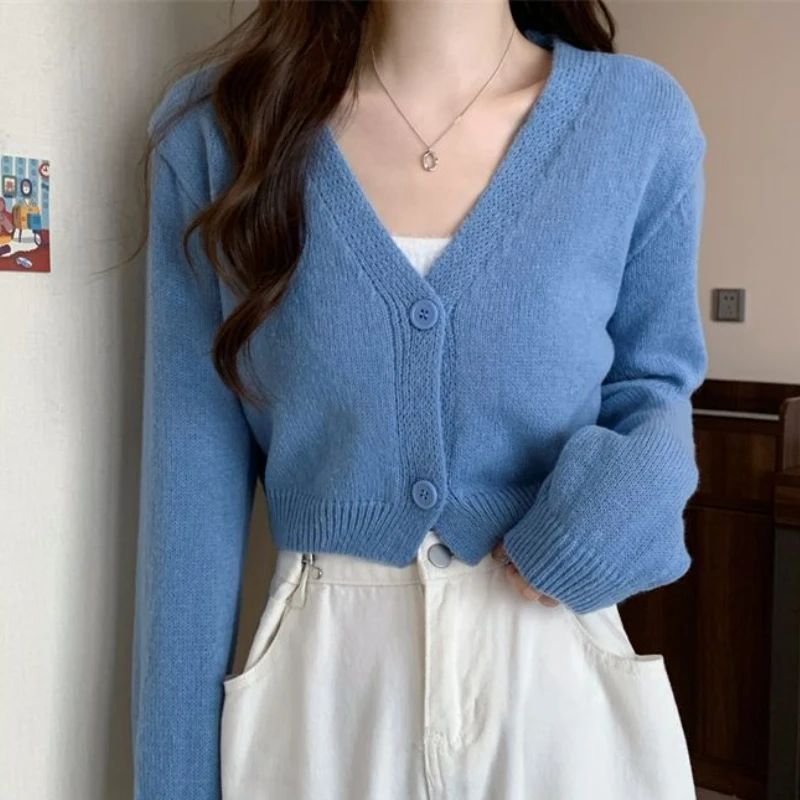 Crop Cardigan Women Slim Autumn Girlish All-match Ulzzang Tender V-neck Casual Outwear Aesthetic Classic Students Chic Clothing