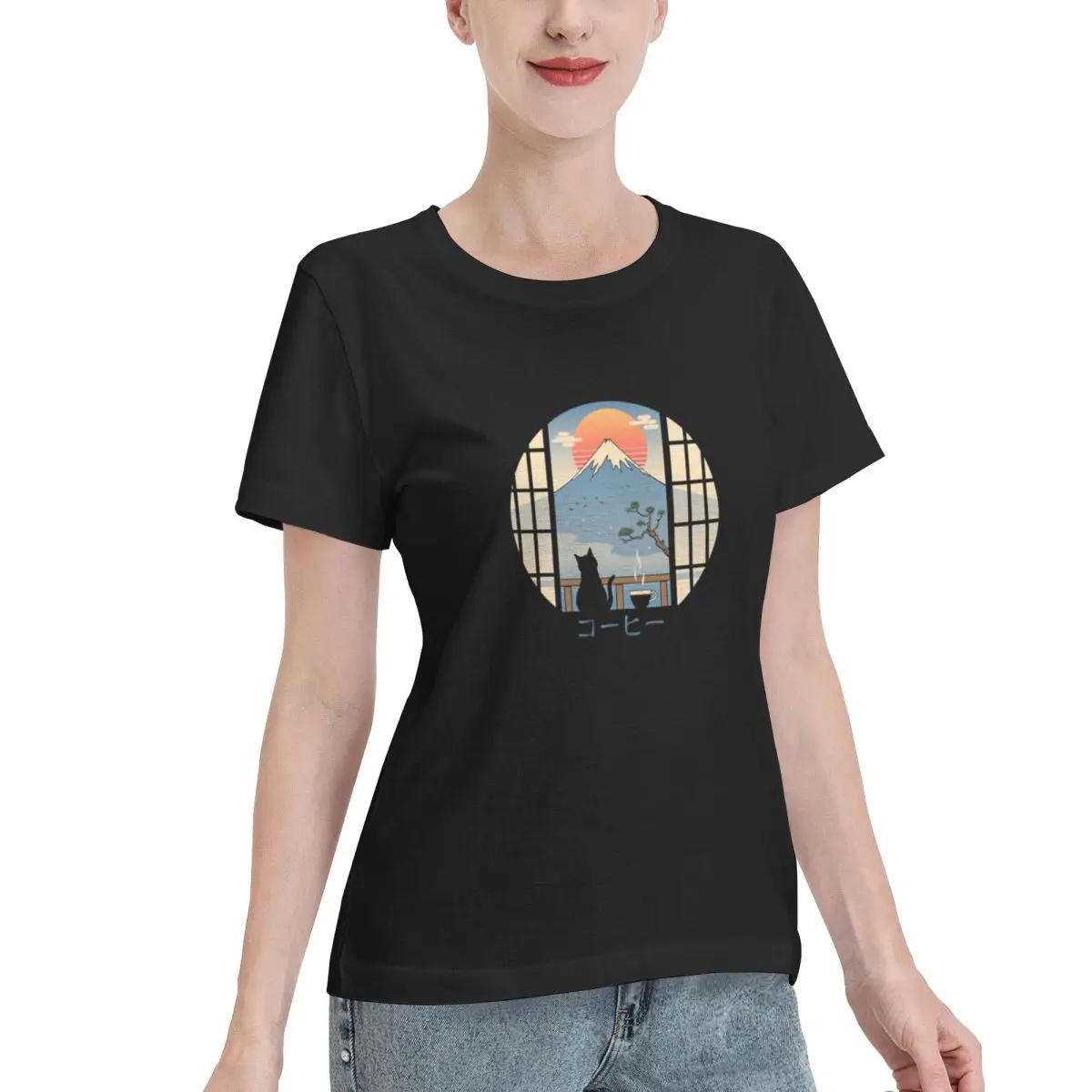 Oversized Option Coffee Cat In Mt Fuji Women's T-shirt Vintage Retro Wear Resistant Top