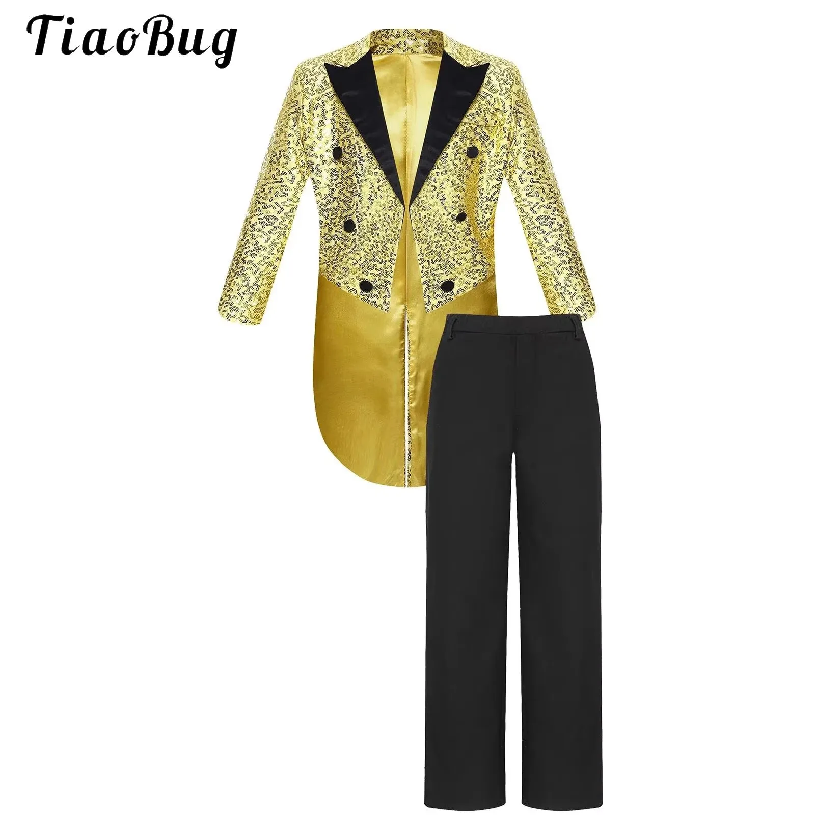 Boys Gentleman Tuxedo Outfit Long Sleeve Sequin Tailcoat Blazer And Long Pants Magic Shows Performance Wedding Formal Party Suit