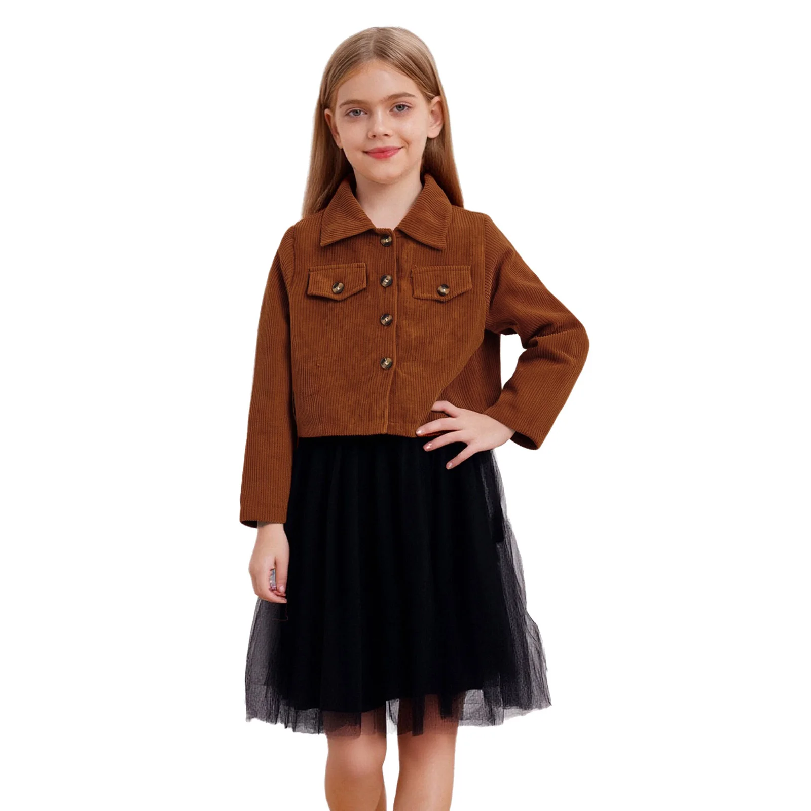

Kids Girls Fashion Outfit 2-Piece Sleeveless Tulle Dress with Belt and Turn-Down Collar Long Sleeve Button Corduroy Jacket Coat