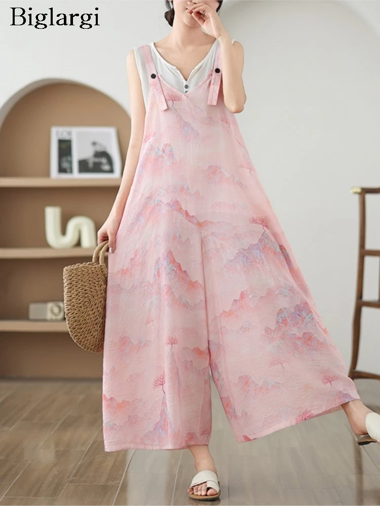 Oversized Pink Summer Print Sleeveless Slip Jumpsuit Women Loose Pleated Fashion Wide Leg Ladies Jumpsuits Casual Woman Jumpsuit