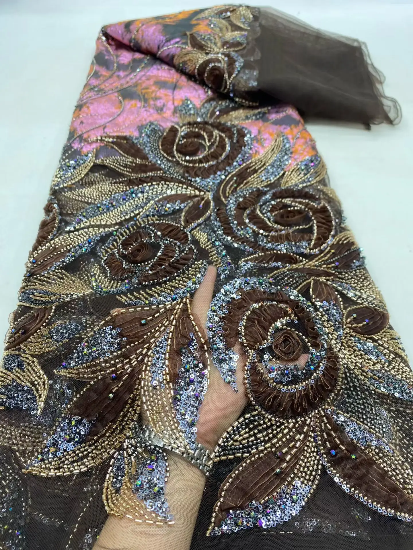 

2026 нигерийская тюль с блестками, высококачественная тюлевая кружевная ткань с вышивкой, африканская сетчатая ткань для выпускных платьев, бусины, 5 ярдов DP0495